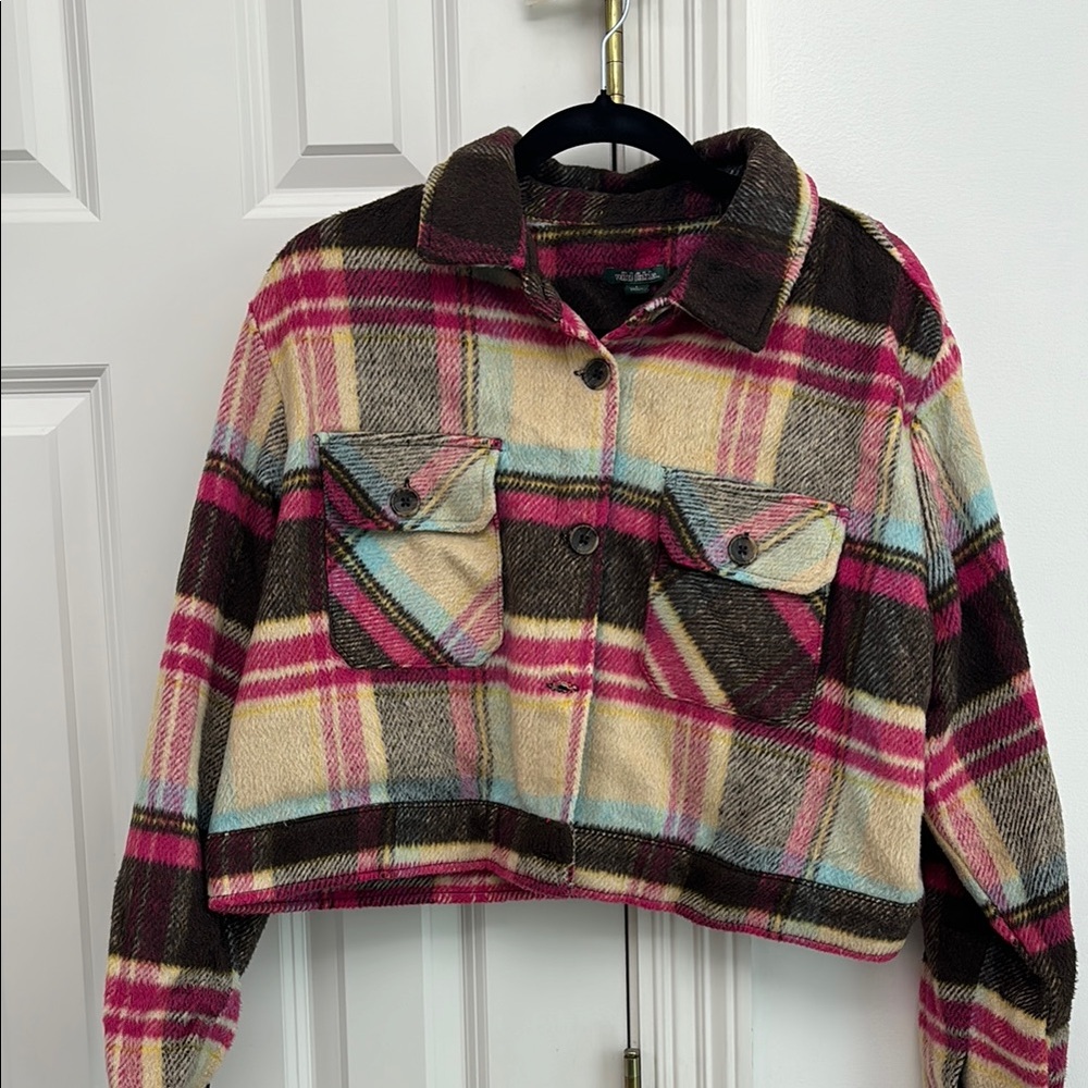 Plaid Cropped Jacket with Pink and Brown Accents
